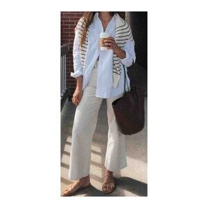 Sezane Cropped Denim Jeans in Mottled Ecru Size FR 36/US 2-4